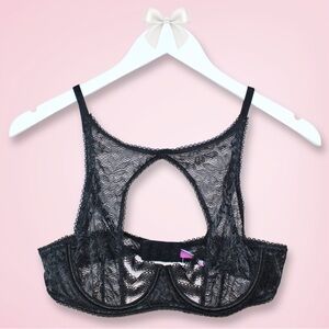 Adore Me Dania Unlined Balconette Bra 36B Black Lace High Neck Keyhole NWT